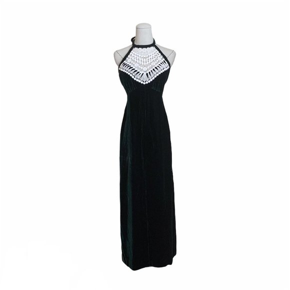 Vintage 60s 70s Green Velvet Halter Crochet Lace Bib Maxi Dress Gunne Goth - Picture 1 of 12